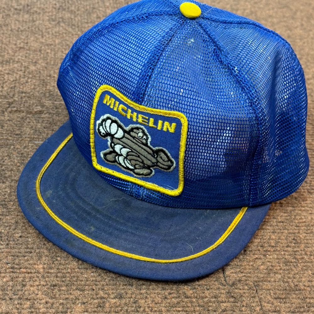 Vintage Michelin Man Trucker Hat Mesh Back Blue Yellow Bibendum Tire Promo Cap